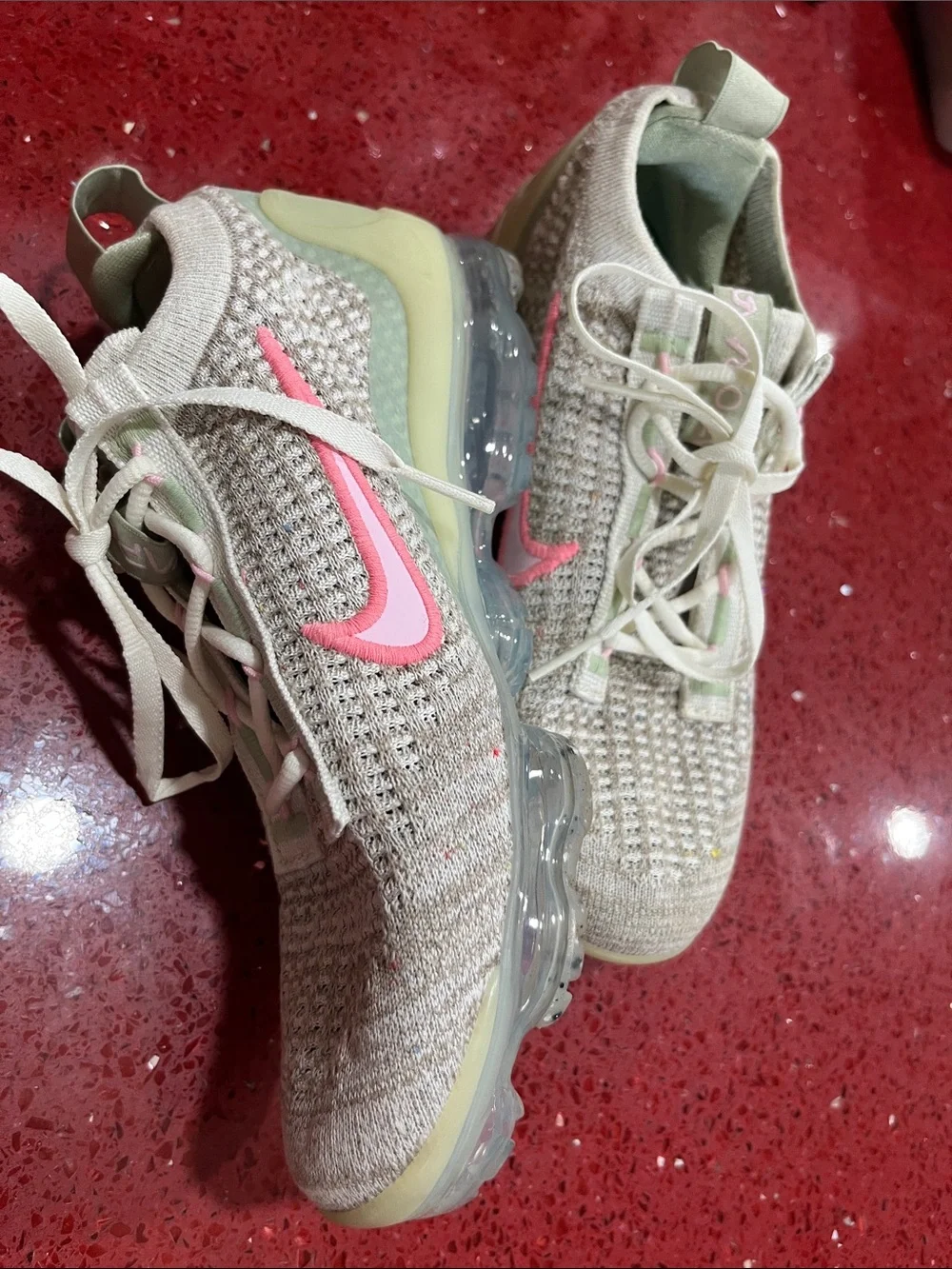 Nike Women's Vapormax Light Beige Knit Running Shoes with Pink Swoosh